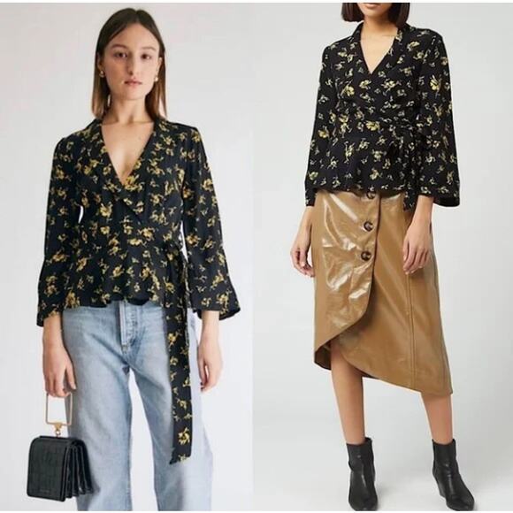 Ganni Tops - GANNI Floral Crepe Bell Sleeve Wrap Ruffle Top Black Yellow Sz 44/XL $345 {M17}